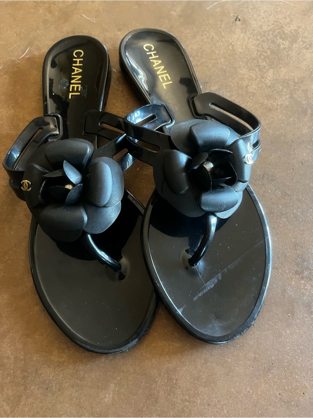 CHANEL Black Camellia Jelly Sandals